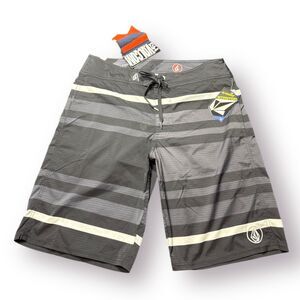 Volcom Gray Striped Board Shorts Size 32" 4 Way Stretch Trunks Retro‎ Y2K